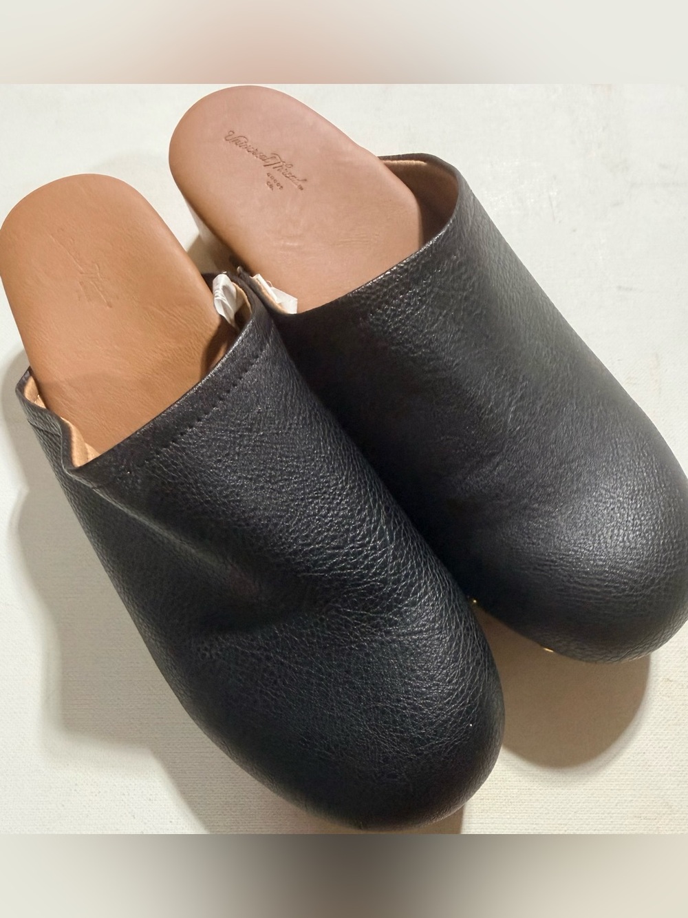 Universal Thread Black Leather Slip-On Clogs with Tan Insole